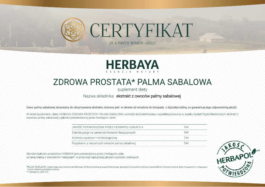 Certyfikat zdrowa prostata - palma sabalowa